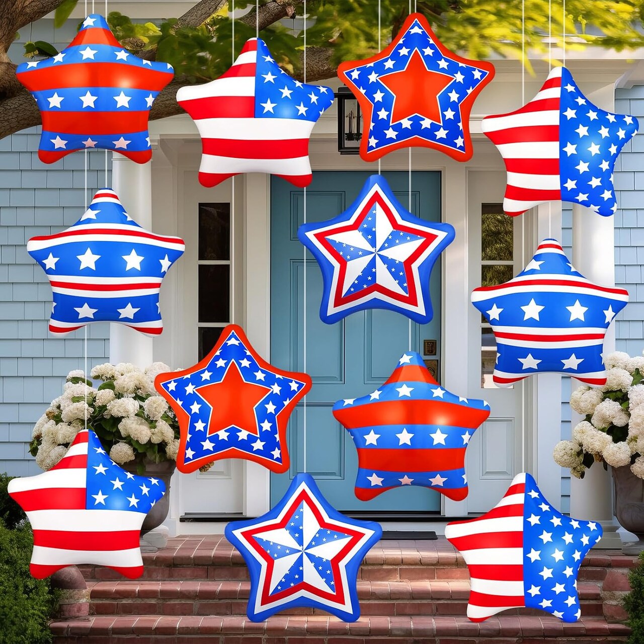 12 Pcs 4th of July Inflatable Balloons Patriotic Outdoor Decorations 12'' PVC American Flag Star Hanging Ornaments White Red Blue Inflatable for Independence Day Party Outdoor Yard Decor